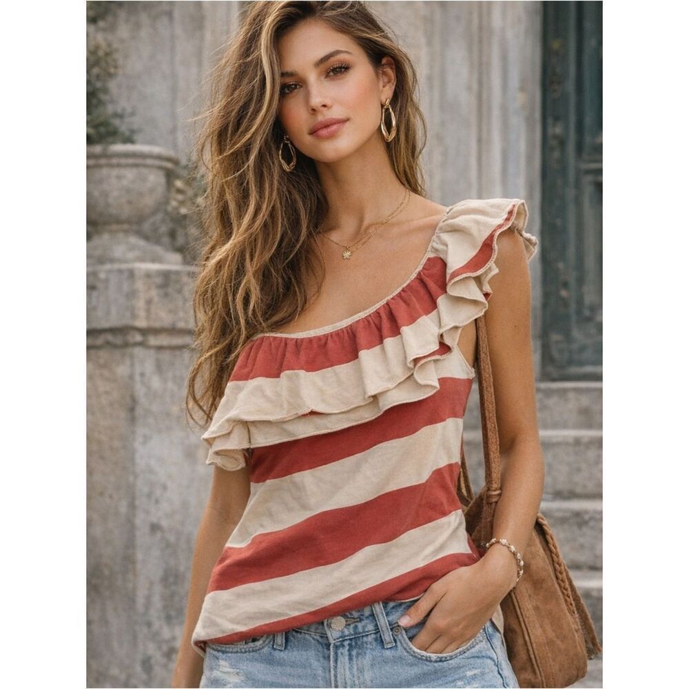 Ralph Lauren Rugby One Shoulder Ruffle Stripe Top Size S